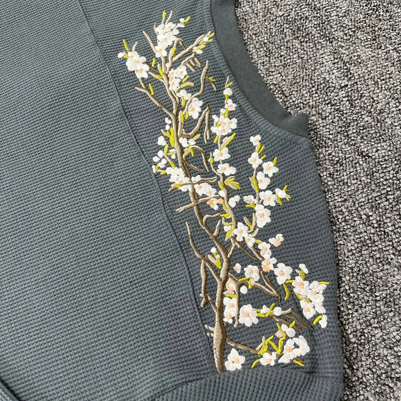 Embroidered Waffle Longsleeve 'Blossom' Grey