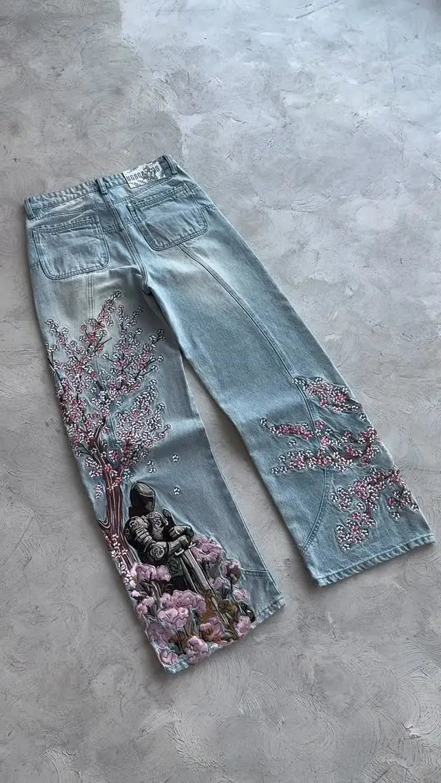 Fallen Blossom Knight Embroidered Jeans